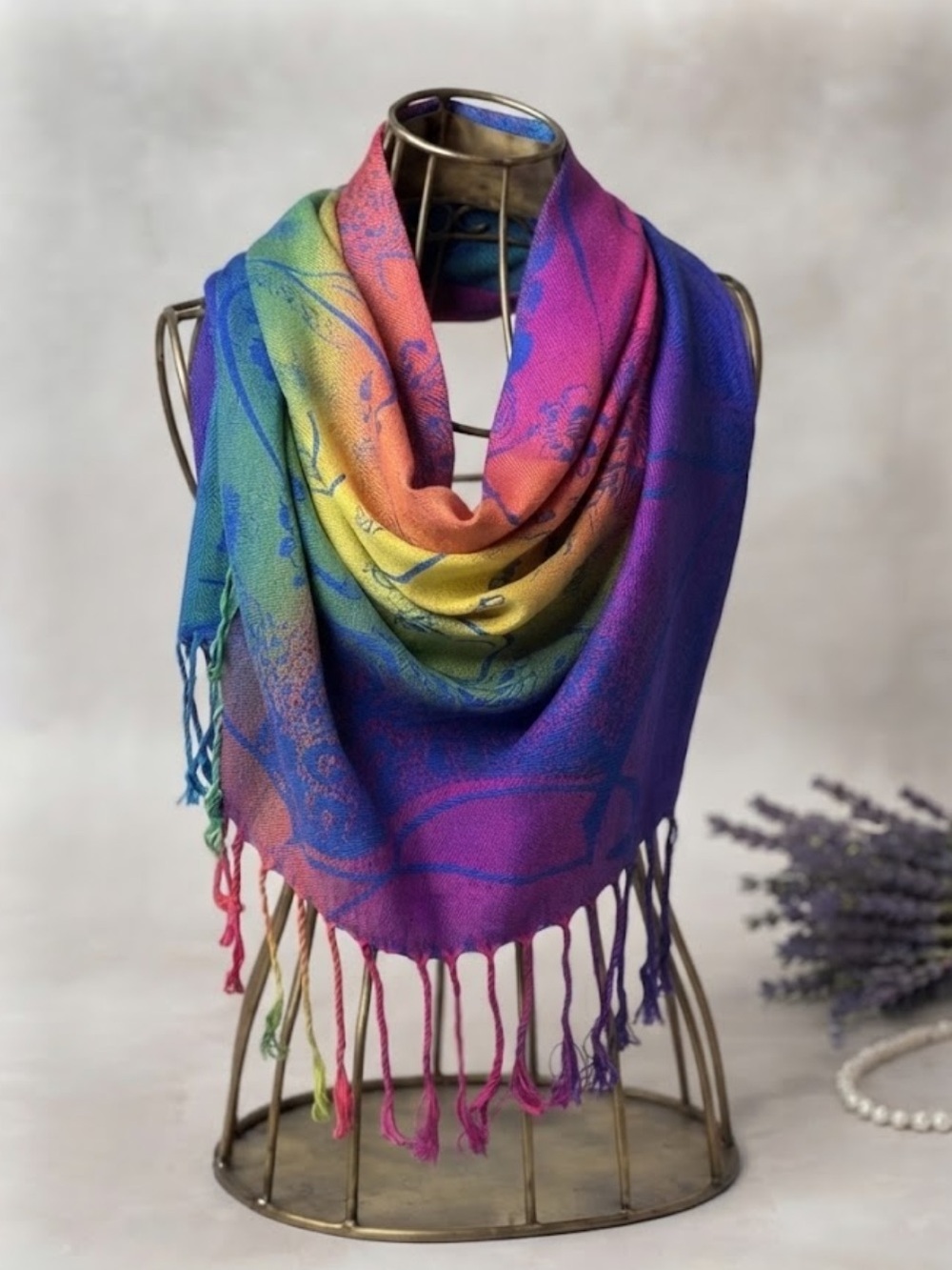Rainbow Floral Gradient Silk Feel Scarf Ombre Vibrant Long Stole Wrap